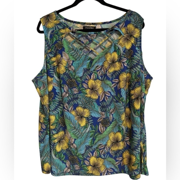 Roz & Ali Tops - Roz & Ali Blue Green Sleeveless Tank Top Tropical Print